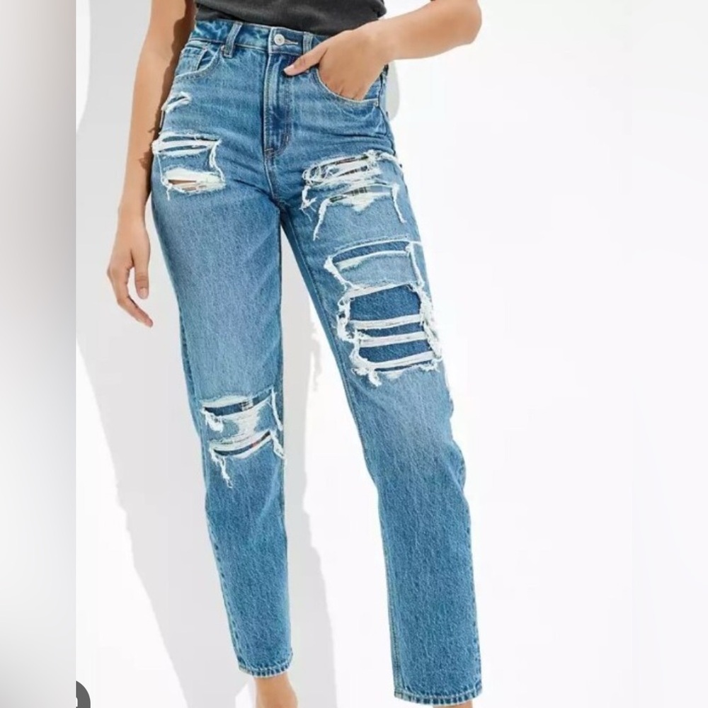American Eagle Distressed Patched Mom Straight Jeans 2